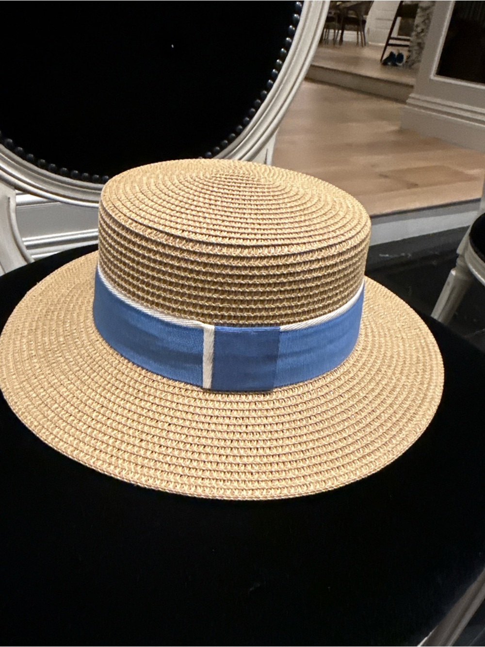 Straw Boater Hat with Blue Ribbon